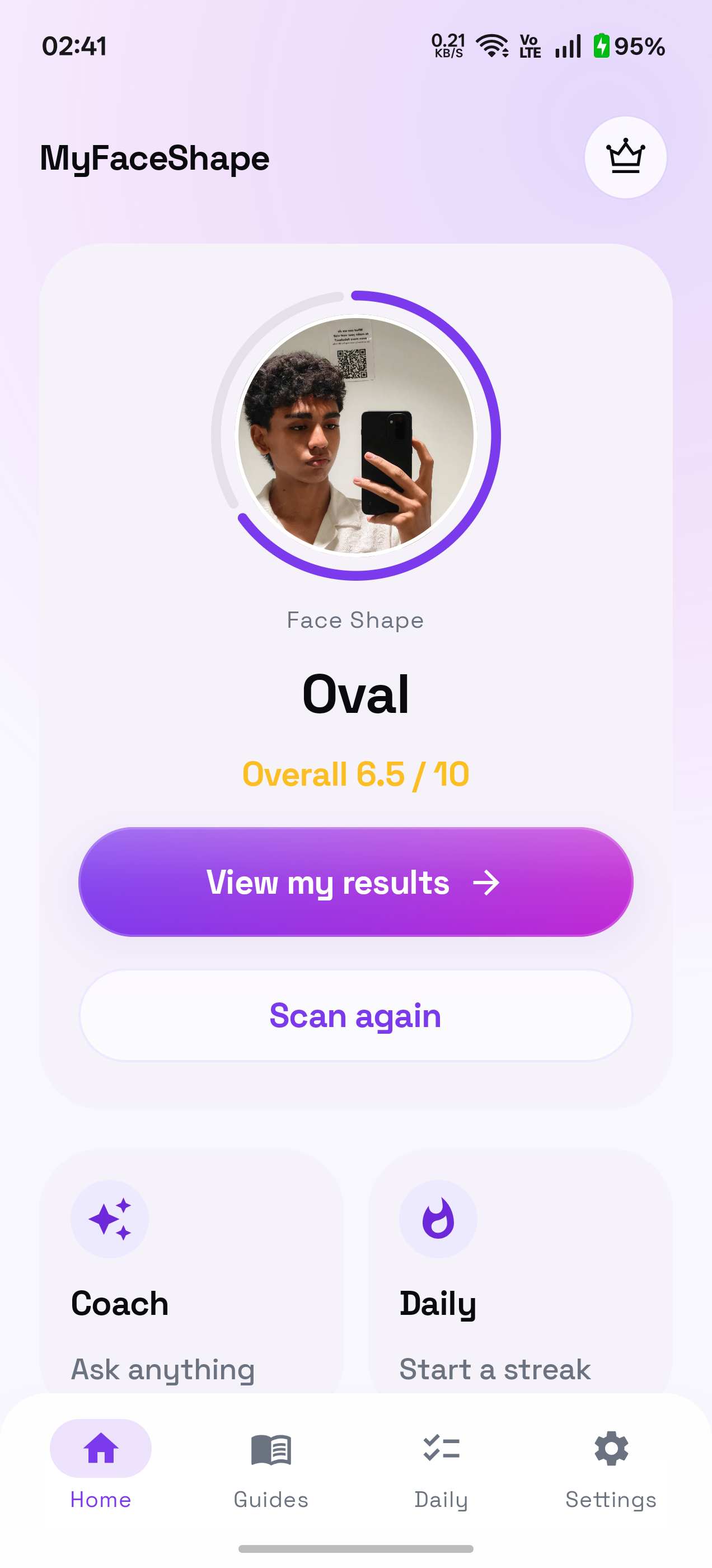 MyFaceShape face detector app home screen with scan results card